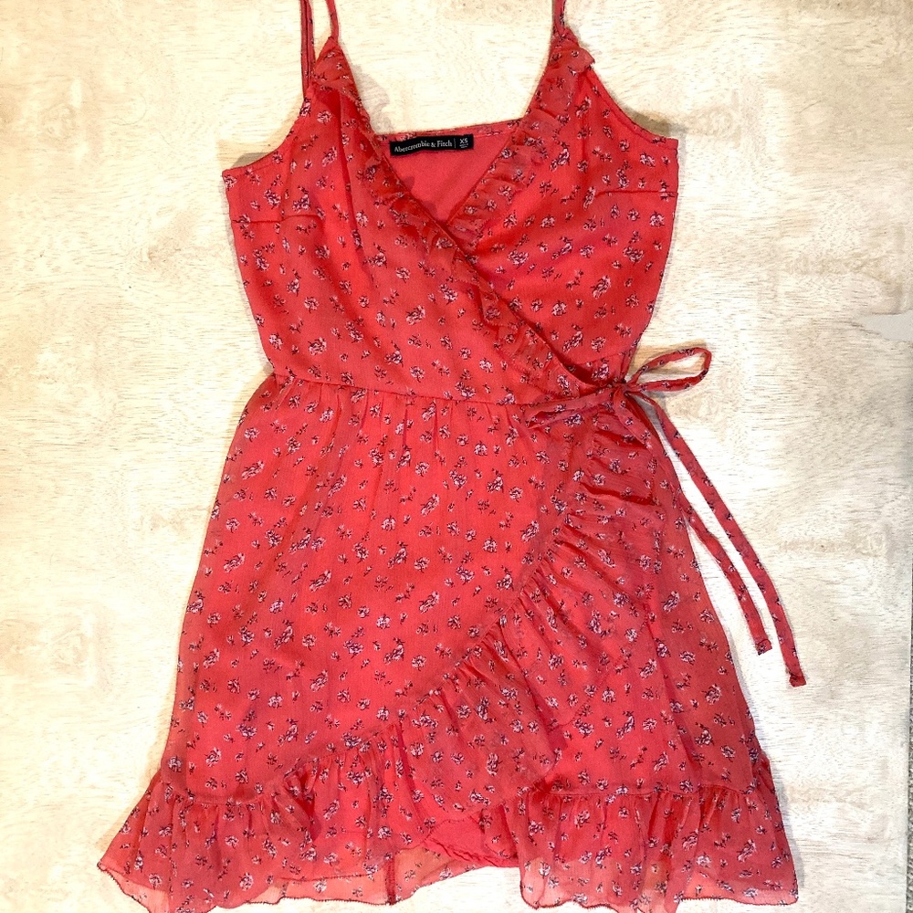 Abercrombie & Fitch Red/Coral Floral Wrap Dress with Frill Detail